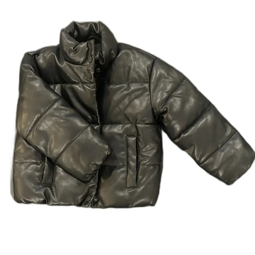 Zara Zip up Faux Leather Puffer Jacket Black Size Size 6